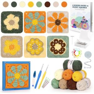 Katech Crochet Kit for Beginners, Crochet Kit for Adults Advanced Learn to Crochet Floral Granny Square Kit W/Crochet Blocking Mat Enough Yarn, Beginner Crochet Kit W/Step-by-Step Instructions