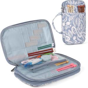 Katech Empty Knitting Needles Case Portable Travel Crochet Hooks Case Zipper Storage Bag Organizer with Transparent Pocket and Holder Slots for Carrying Knitting Needles and Crochet Accessories (Grey)