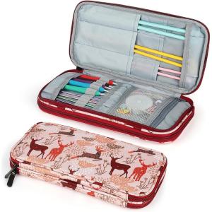 Katech Knitting Needles Case Empty Zipper Bags Organizer Portable Travel Crochet Hooks Storage Bag with Web Pocket and Holder Slots for Carrying Various Crochet Needles and Knitting Accessories(Brown)