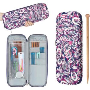 Katech Knitting Needles Case (up To 14”), Portable Travel Crochet Hooks Storage Bag Organizer with Transparent Pocket, Knitting Needle Organizer for Carrying Knitting Needles Accessories (Red)