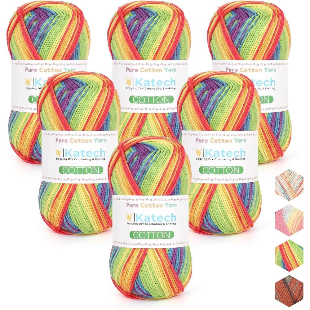 image:imageKatech 1OO Ombre Cotton Yarn for Crocheting  6 Pcs of 50g176oz200m218yd  2 Sport Weight Baby Yarn for Knitting Fine Soft Multicolor Yarns for Baby Blankets Afghans Shawls Dress Hats BRainbow