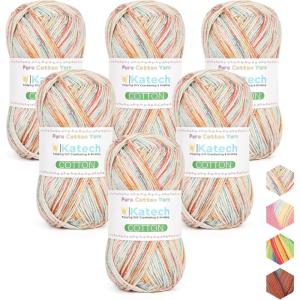 Katech 1OO% Ombre Cotton Yarn for Crocheting – 6 Pcs of 50g(1.76oz)/200m(218yd) – 2 Sport Weight Baby Yarn for Knitting, Fine Soft Multicolor Yarns for Baby Blankets, Afghans, Shawls, Dress, Hats (B)(Ice Cream)