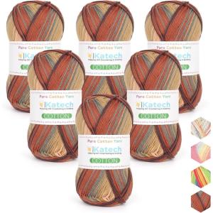 Katech 1OO% Ombre Cotton Yarn for Crocheting – 6 Pcs of 50g(1.76oz)/200m(218yd) – 2 Sport Weight Baby Yarn for Knitting, Fine Soft Multicolor Yarns for Baby Blankets, Afghans, Shawls, Dress, Hats (B)(Coffee Brown)