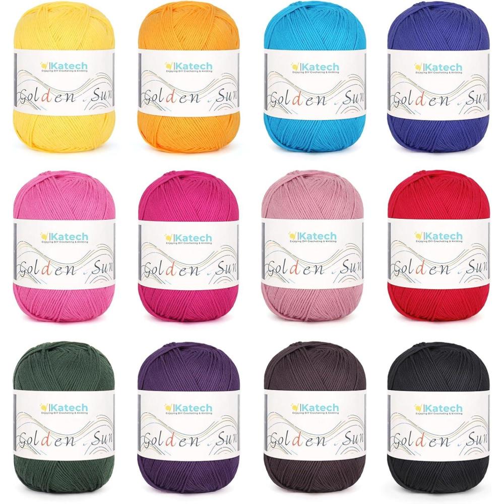 image:imageKatech 1OO Cotton Yarn for Crocheting12 Colors of 45g160m2 Sport Weight Baby Cotton YarnsSoft amp BreathableColorful Yarn Set for Baby Clothes Rainbow AfghanStarter Kit for BeginnerampCrocheterBDark Colors