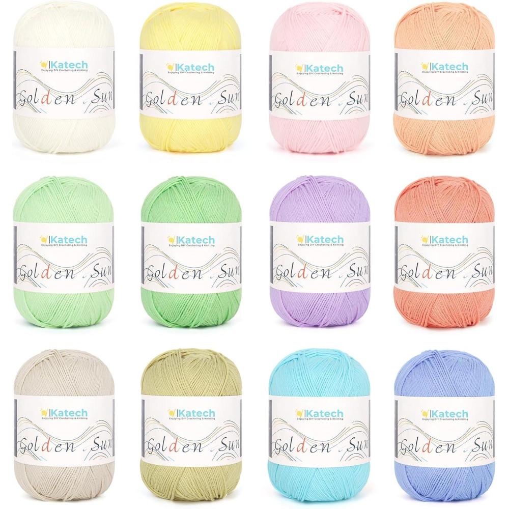 image:imageKatech 1OO Cotton Yarn for Crocheting12 Colors of 45g160m2 Sport Weight Baby Cotton YarnsSoft amp BreathableColorful Yarn Set for Baby Clothes Rainbow AfghanStarter Kit for BeginnerampCrocheterBLight Colors