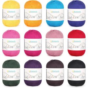 Katech 1OO% Cotton Yarn for Crocheting-12 Colors of 45g/160m-2 Sport Weight Baby Cotton Yarns-Soft & Breathable-Colorful Yarn Set for Baby Clothes, Rainbow Afghan-Starter Kit for Beginner&Crocheter(B)(Dark Colors)