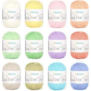 Katech 1OO% Cotton Yarn for Crocheting-12 Colors of 45g/160m-2 Sport Weight Baby Cotton Yarns-Soft & Breathable-Colorful Yarn Set for Baby Clothes, Rainbow Afghan-Starter Kit for Beginner&Crocheter(B)(Light Colors)